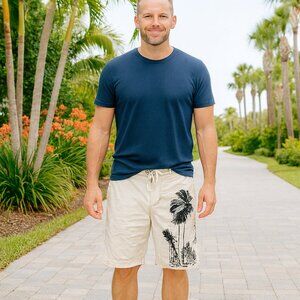 Old Navy Men M Beige Palm Tree Mesh Lined Flat‎ Front Board Swim Surf Shorts Y2K